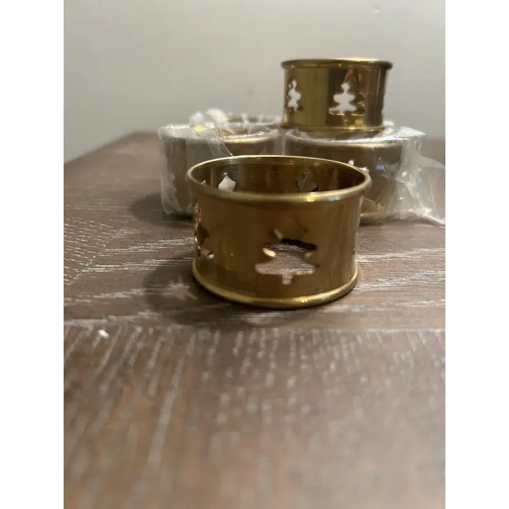 Vtg Brass Christmas Tree Napkin Rings set of 6 Dining‎ Table Linen Decor Holiday